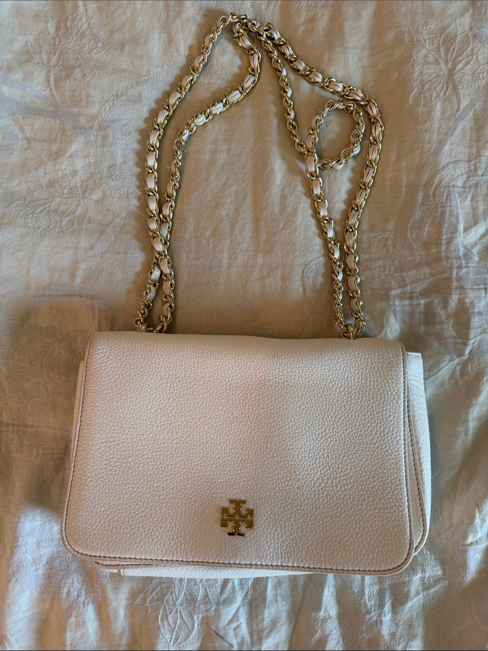 Tory Burch Britton Ivory Pebbled Leather Chain Crossbody Shoulder Bag